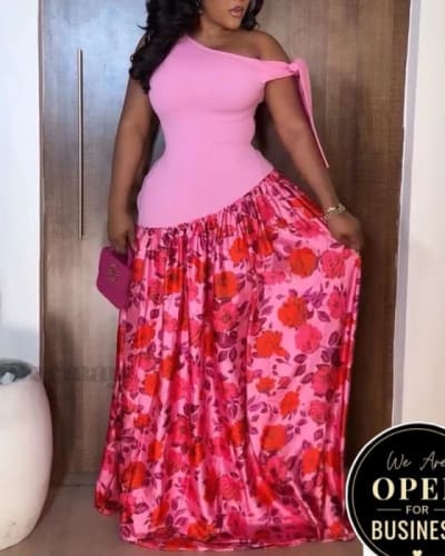 Pink Asymmetric Floral Maxi Dress
