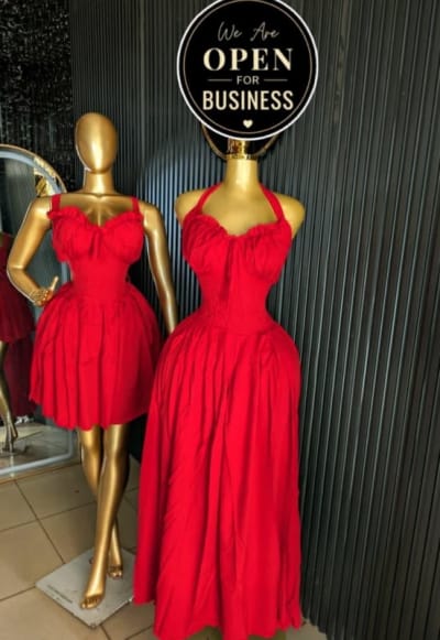 Red Gathered-Bust Flared Dress — Short and Long Styles