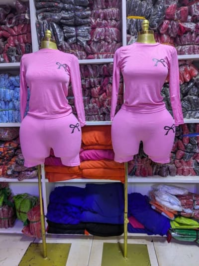 Pink Long-Sleeve Top and Shorts Set with Bow Prints