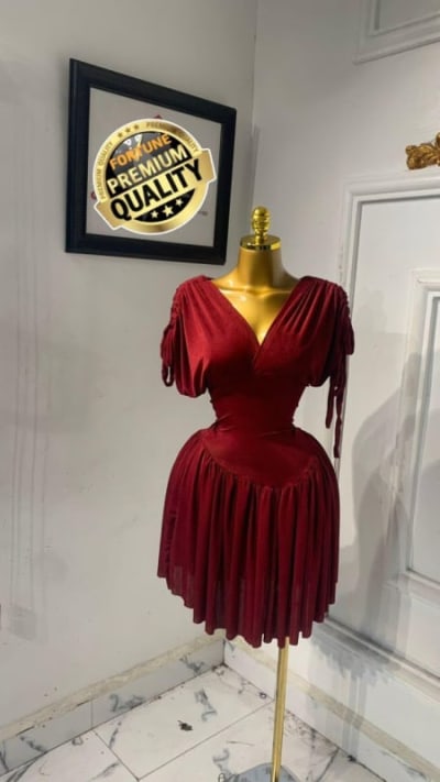 Burgundy V-Neck Mini Dress with Gathered Sleeves