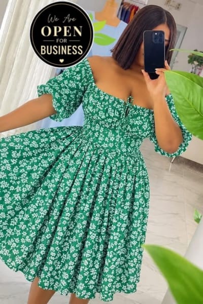 White Floral Midi Dress with Puff Sleeves