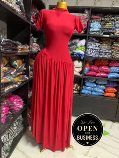 Red Short-Sleeve Maxi Dress with Gathered Skirt