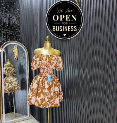 Cream and Gold Floral Off-Shoulder Mini Dress