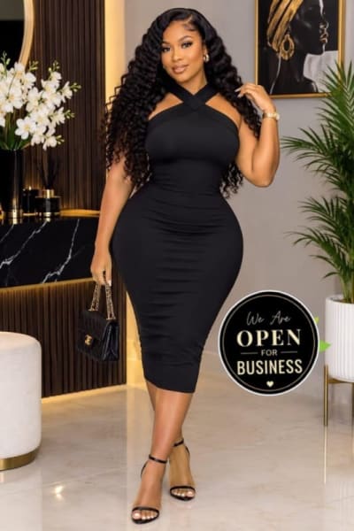 Black Cross-Neck Halter Bodycon Midi Dress