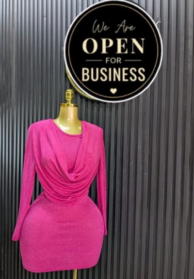 Pink Shimmer Long-Sleeve Mini Dress with Draped Neckline