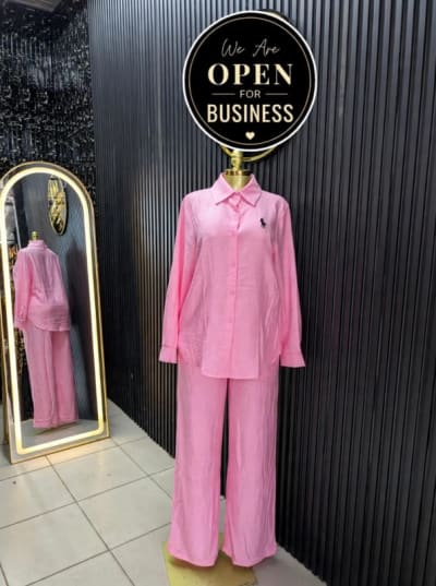 Pink Button-Up Shirt and Wide-Leg Trouser Set