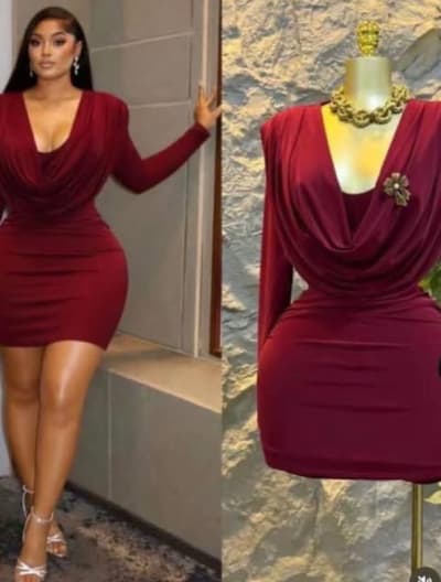 Burgundy Long-Sleeve Mini Dress with Draped Neckline