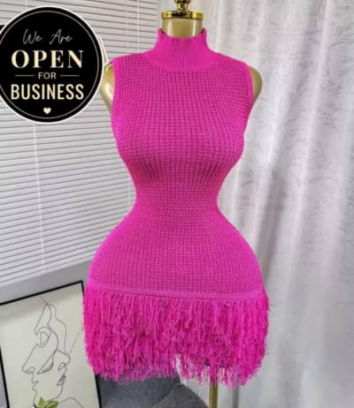 Bright Pink Sleeveless Knit Mini Dress with Fringe Hem
