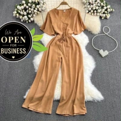 Tan V-Neck Wide-Leg Jumpsuit