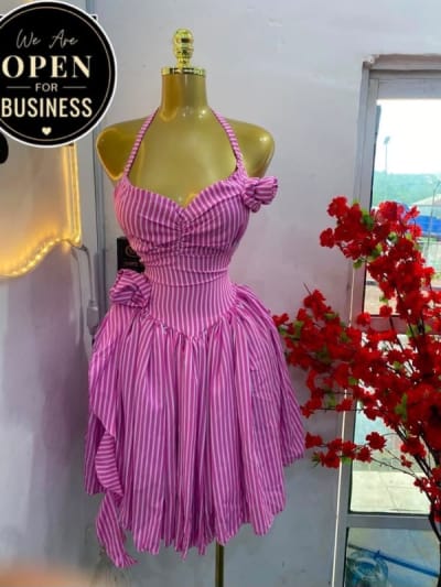 Pink and White Striped Halter Dress with Bow Details
