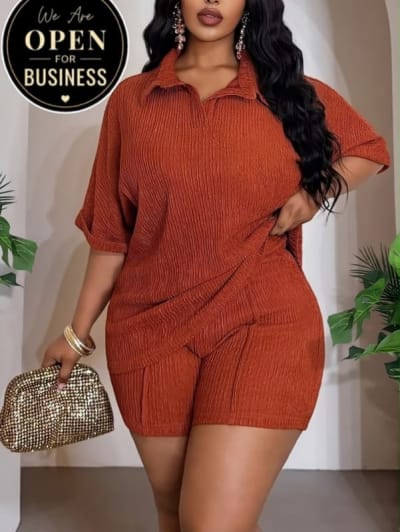Rust Textured Collared Top and Shorts Set