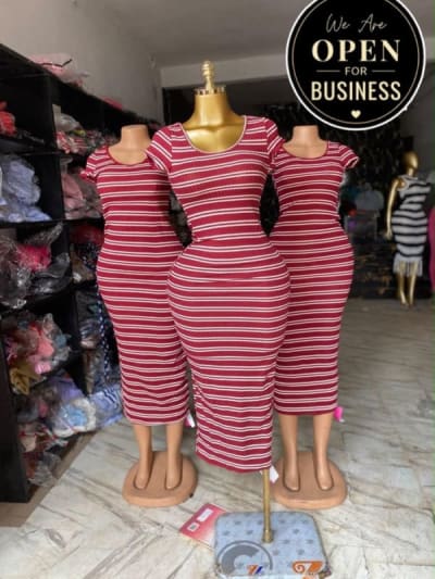 Burgundy and White Striped Bodycon Midi Dress