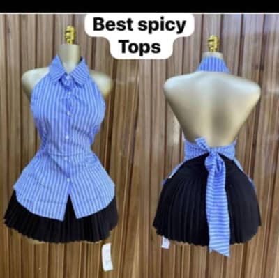 Blue Striped Halter Shirt with Open Back