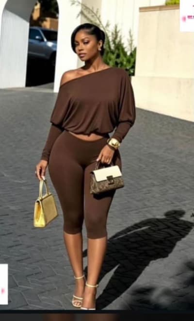 Brown Off-Shoulder Top and Capri Leggings Set