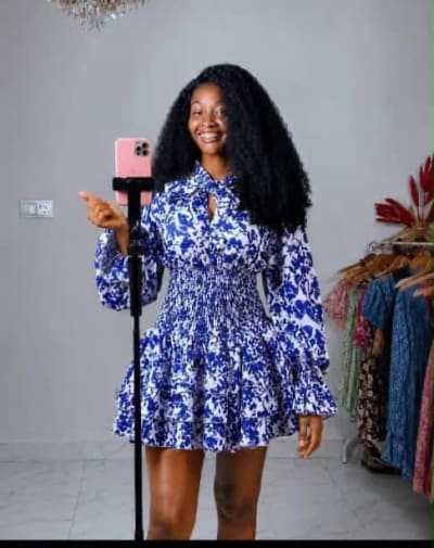 Blue and White Floral Long-Sleeve Mini Dress