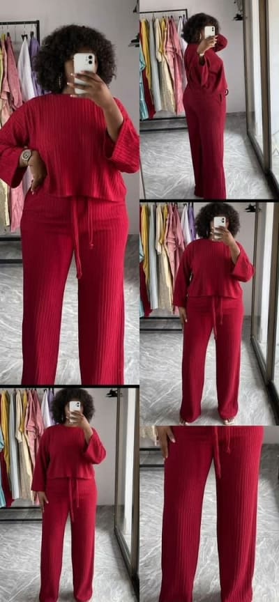 Women's Burgundy Ribbed Top & Wide-Leg Pants Set