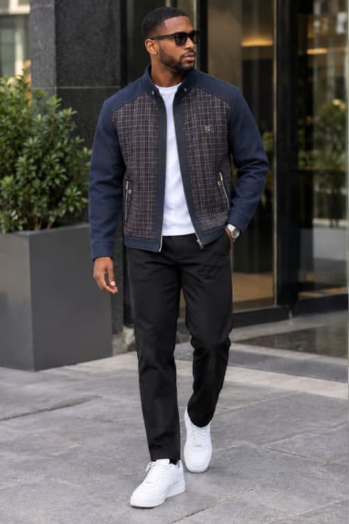 🧥 Navy & Brown Check Bomber Jacket