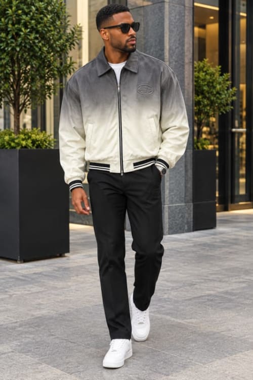 🩶 Grey-to-White Gradient Bomber Jacket