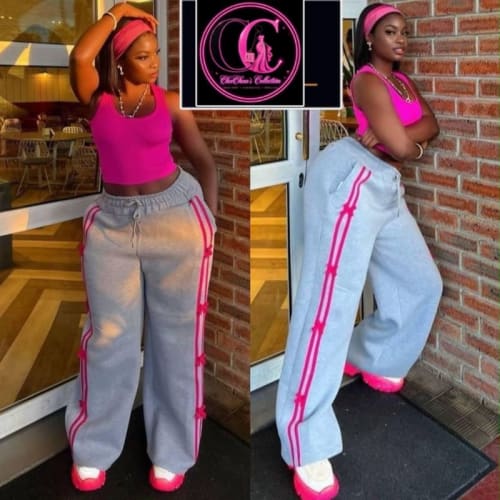 Pink Crop Top and Grey Wide-Leg Trouser Outfit