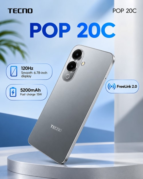 Tecno Pop 20C | 4GB RAM + 128GB | 6.75" Display | 5,200mAh | 13MP Camera | Dual SIM