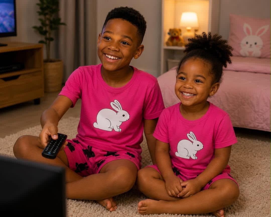Matching Kids’ Pink Bunny Pajama Sets image 1