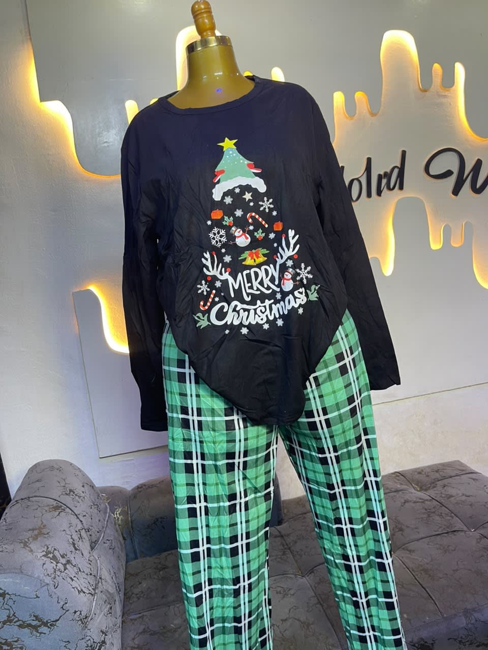 Women’s Christmas Pajama Set with Green Plaid Trousers image 1