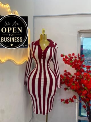 Burgundy and Cream Striped Collared Midi Dress
