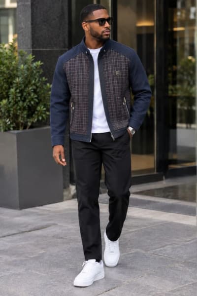 🧥 Navy & Brown Check Bomber Jacket