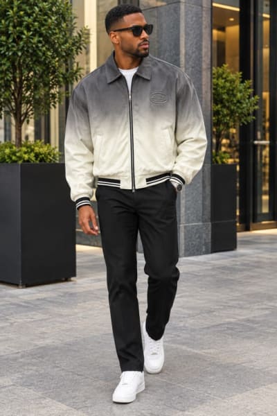 🩶 Grey-to-White Gradient Bomber Jacket