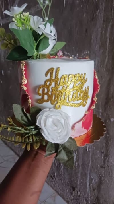 Red and Gold Floral Birthday Cake