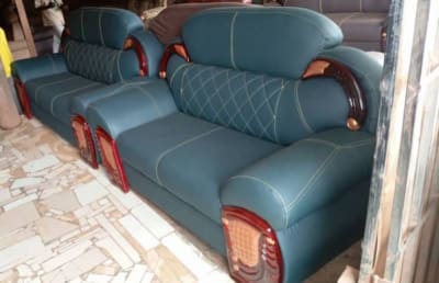 Teal Upholstered Sofa Set with Wooden Accents