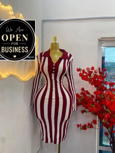 Burgundy and Cream Striped Collared Midi Dress