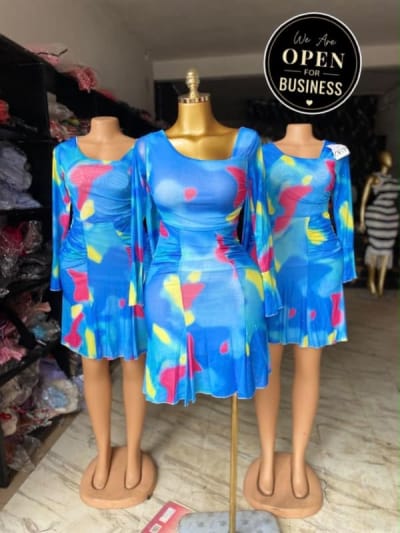 Blue Abstract Print Flared Mini Dress