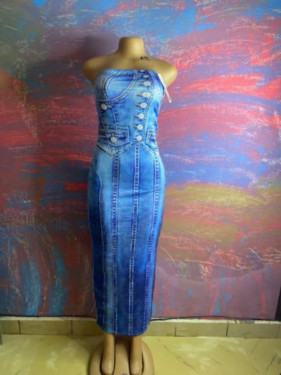 Blue Denim-Print Strapless Maxi Dress