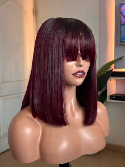 🔥 12" Bone Straight Bob Wig with Fringe (Burgundy & Black Available)