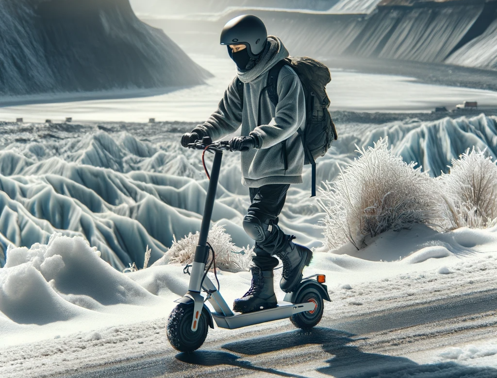 riding electric scooter in snow and ice
