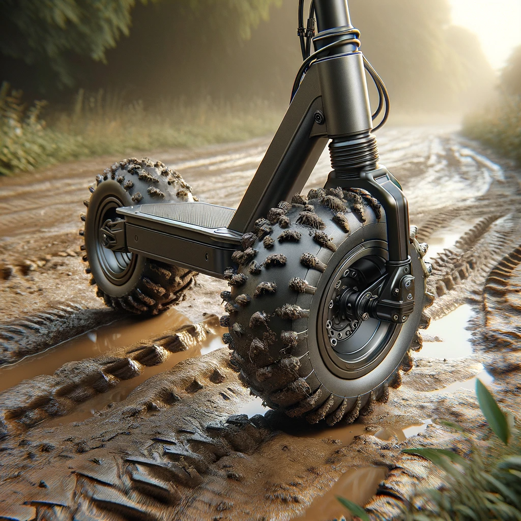 escooter wheel on muddy road