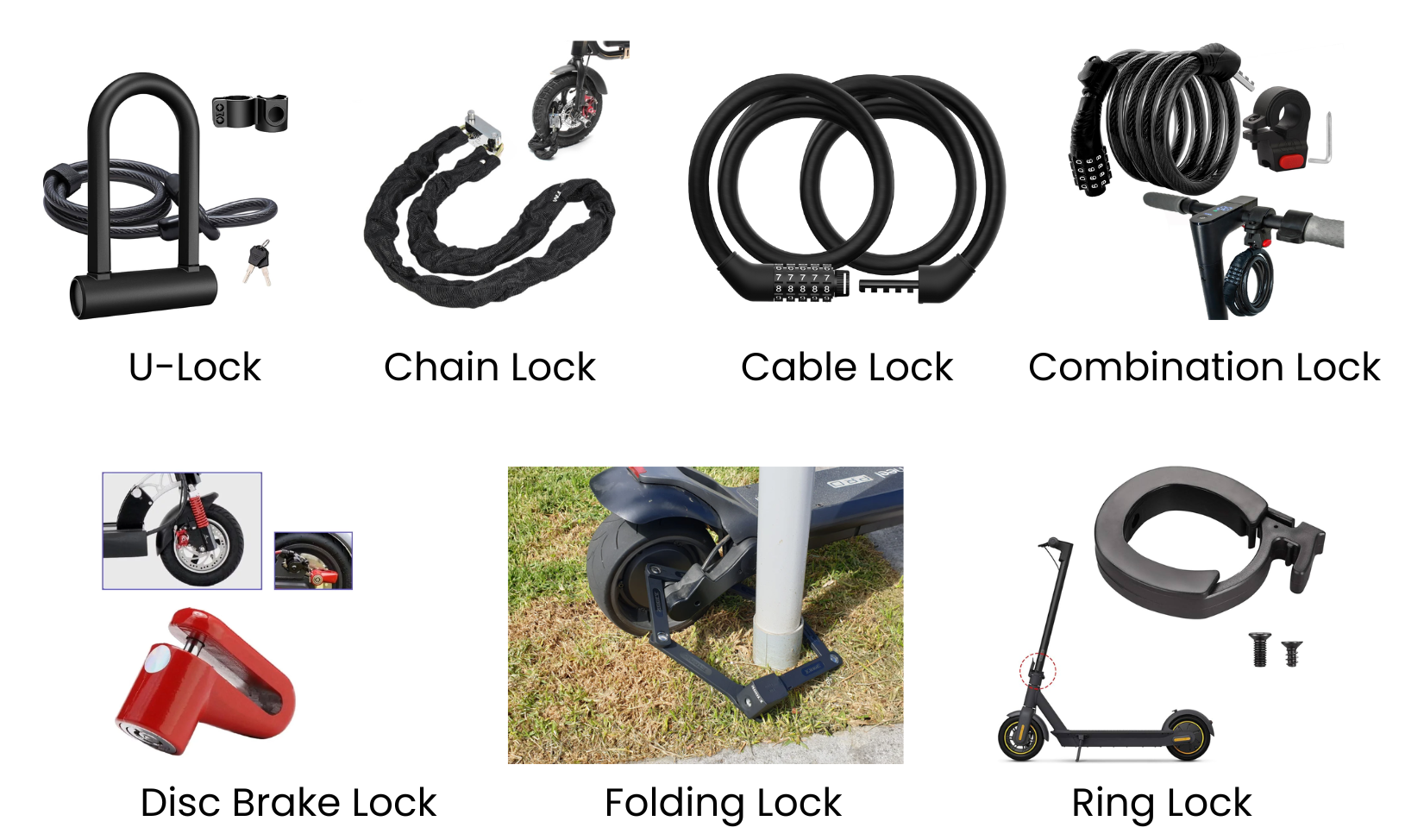 e-scooter locks u lock chain lock cable lock combination lock disc brake lock folding lock ring lock