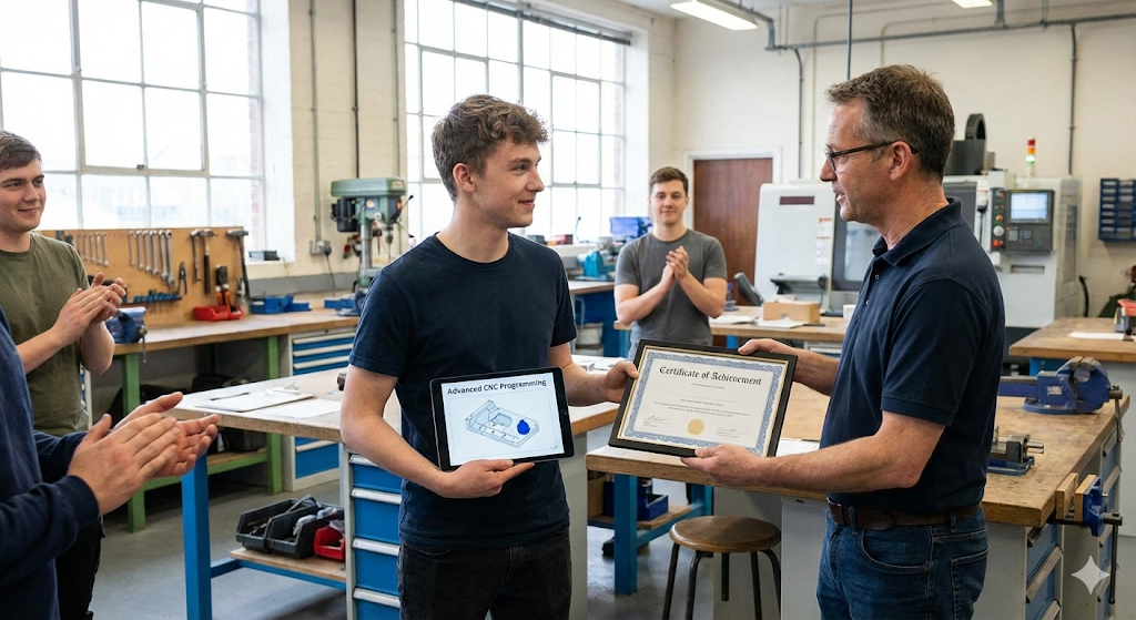 A photo of a workshop, a person learning on a tablet, or a certificate being handed over.