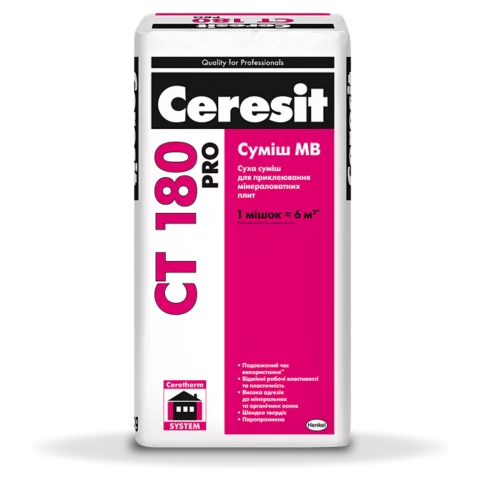 CERESIT CT 180 PRO Суміш МВ для приклеювання мінераловатних плит, 27 кг