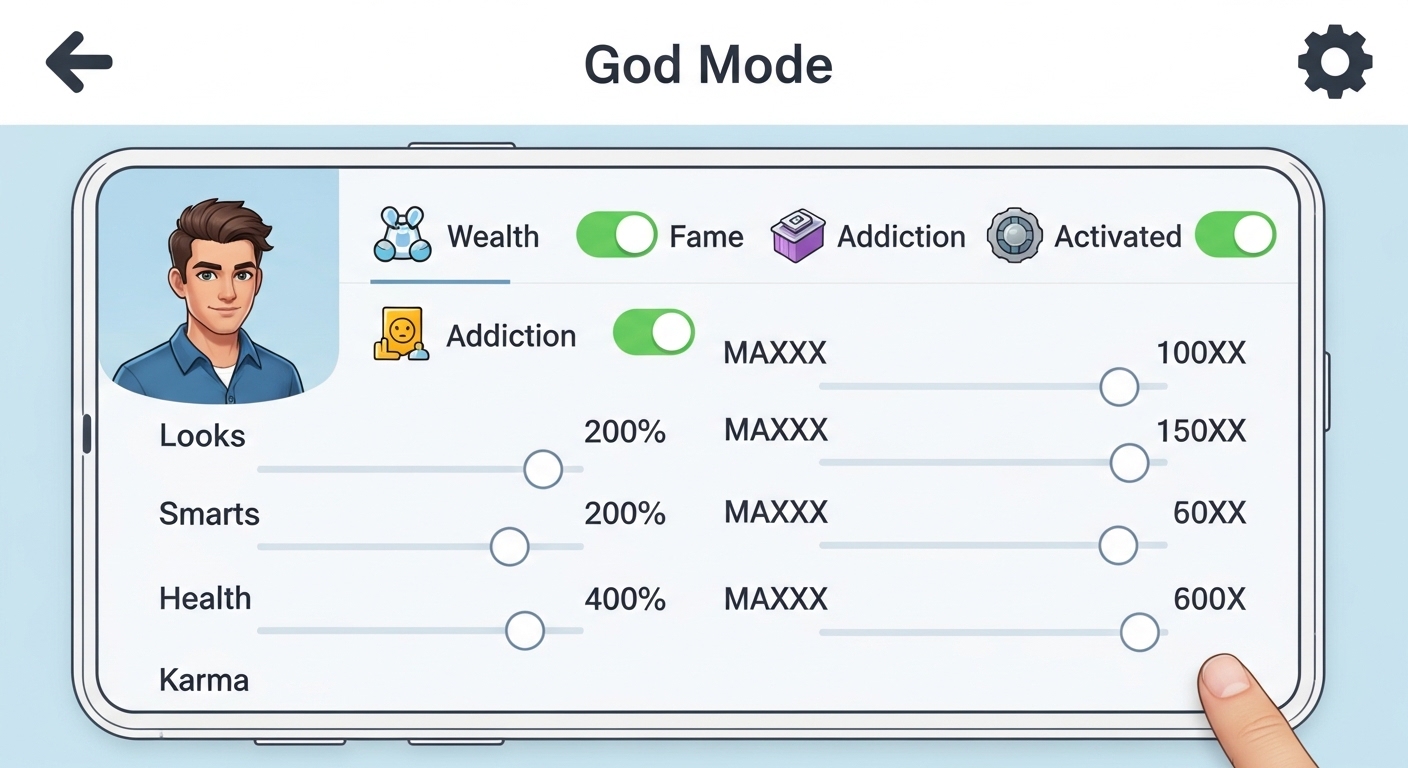 BitLife MOD APK God Mode unlocked showing all character stats maximized