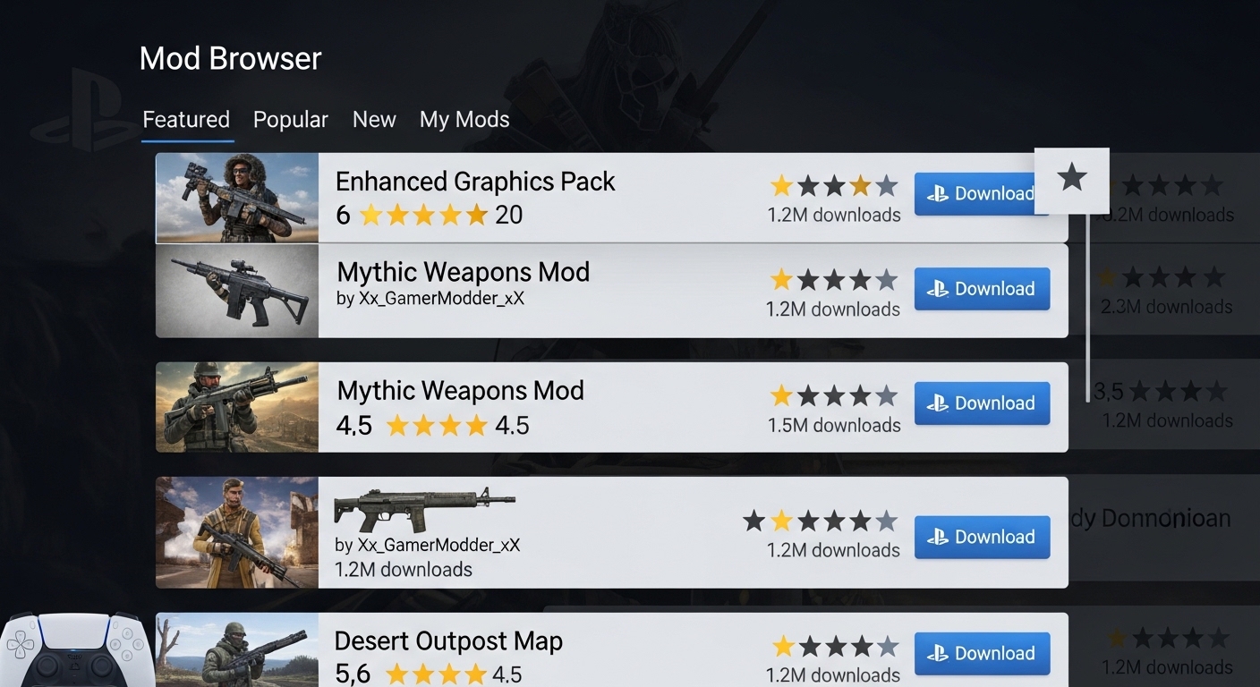PS5 in-game mod browser showing downloadable mods for console