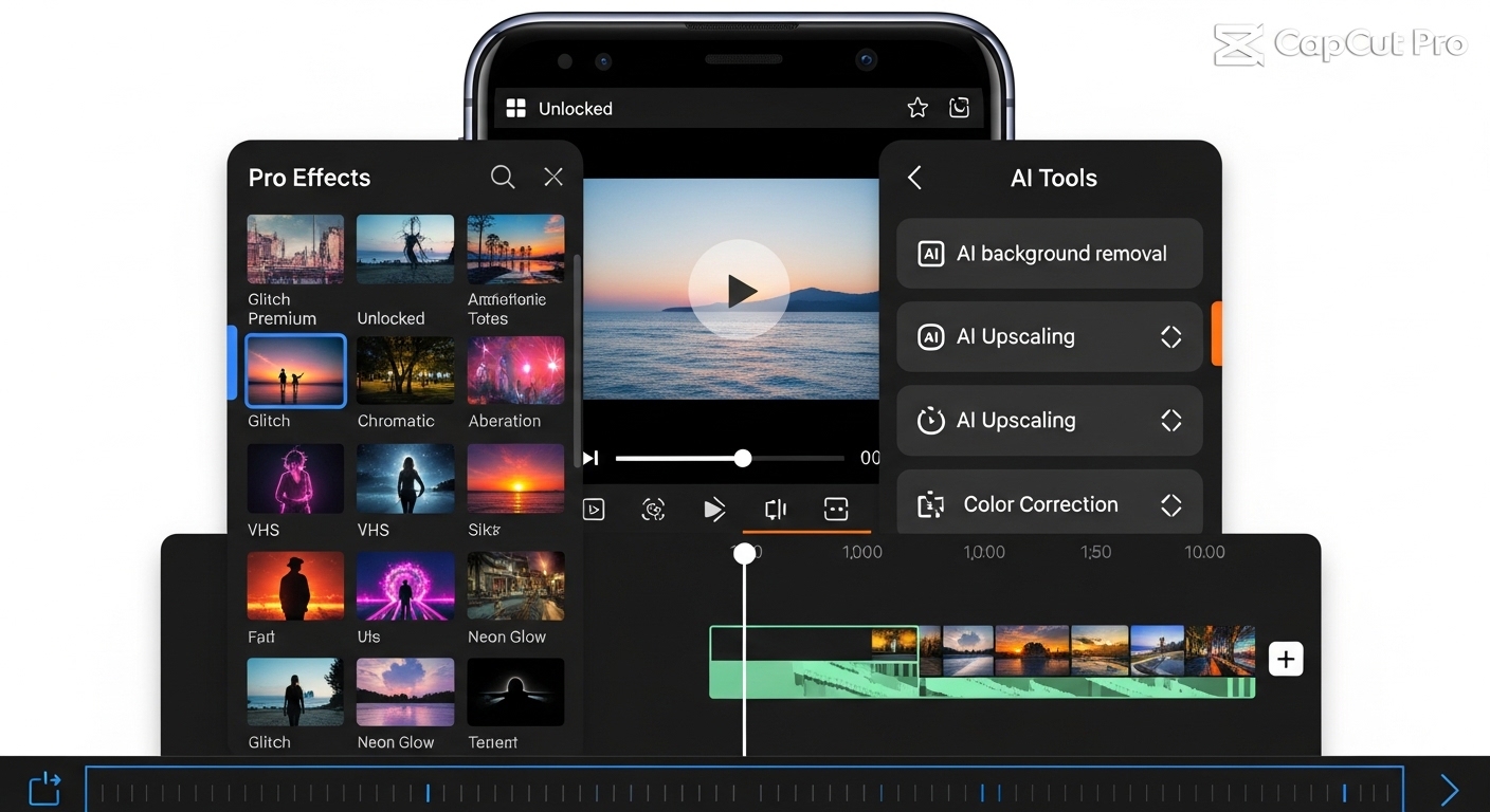 CapCut Pro MOD APK showing unlocked premium effects and no watermark on Android