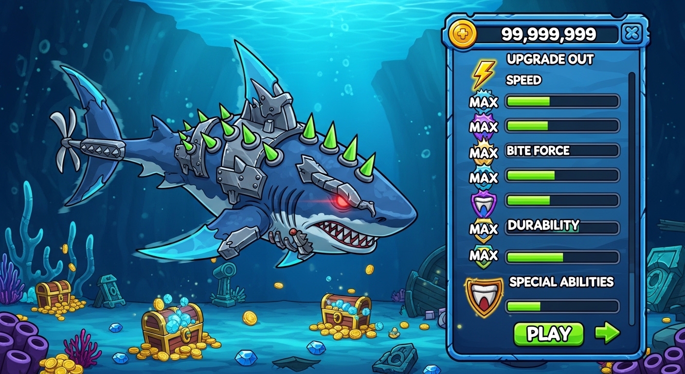 Hungry Shark Evolution MOD APK all sharks unlocked and fully upgraded on Android