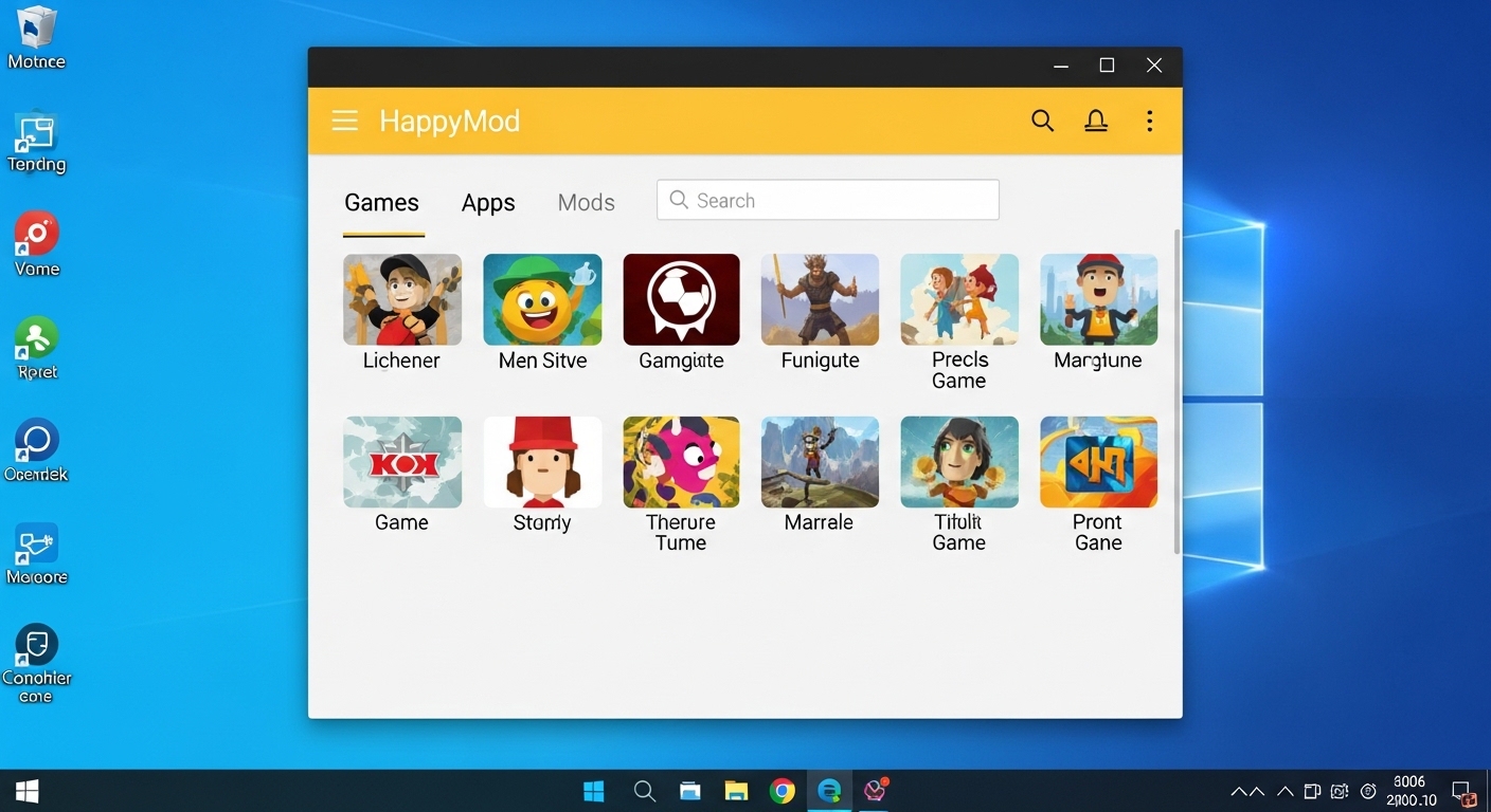 HappyMod PC running inside Android emulator on Windows desktop