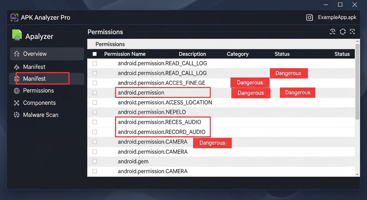 APK analysis tool showing permission scan results for an Android APK file