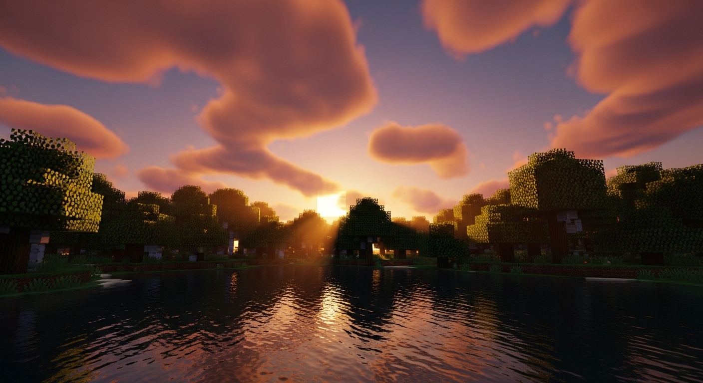 Minecraft Java Edition with shaders mod showing realistic sunset lighting and reflections