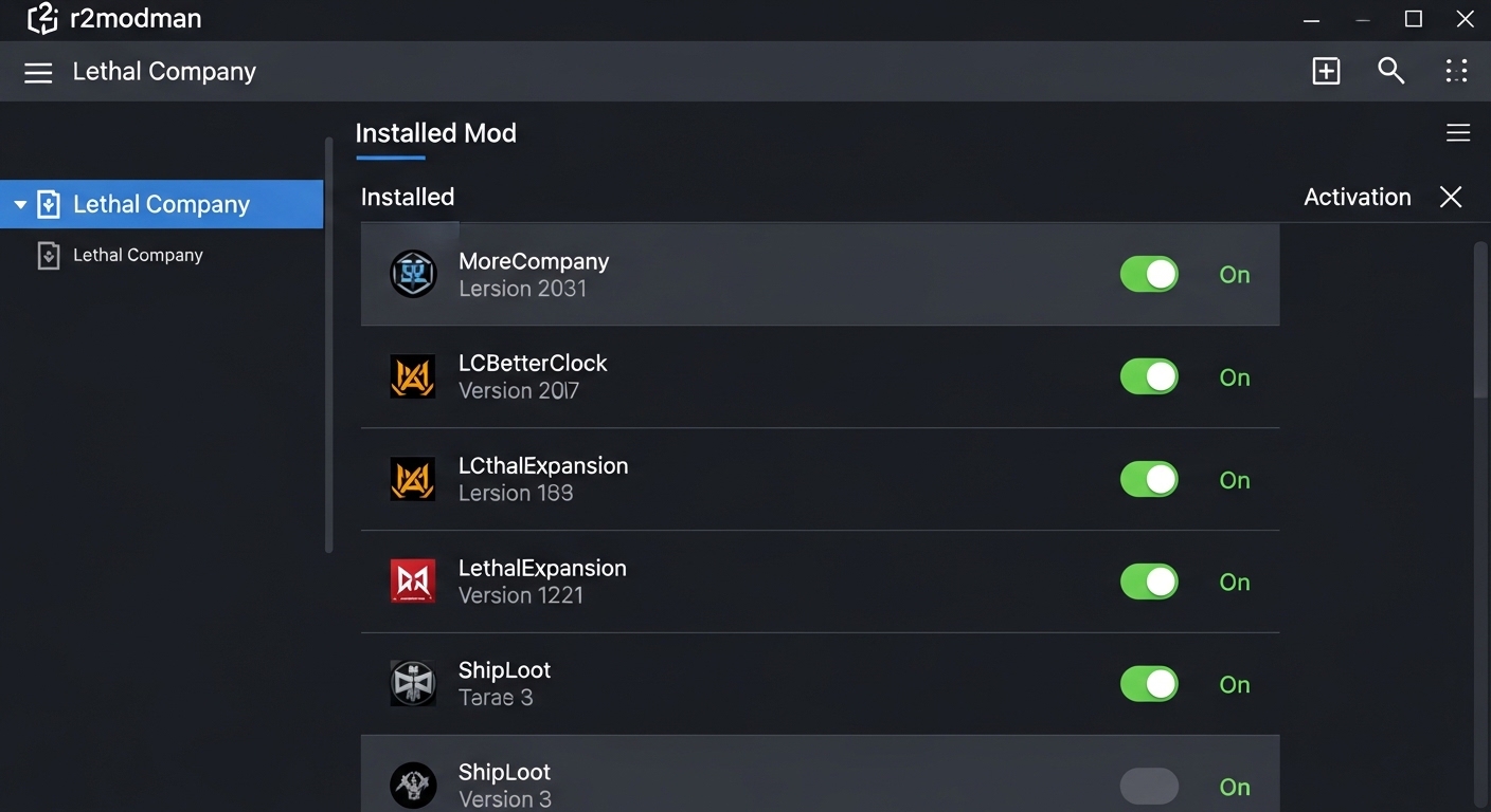 r2modman lethal company mod manager interface with installed mods