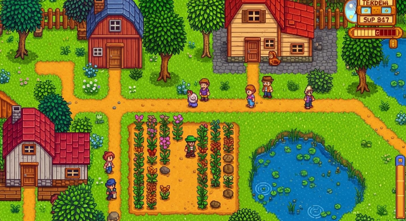 Stardew Valley graphics mod applied showing retextured farm environment and characters