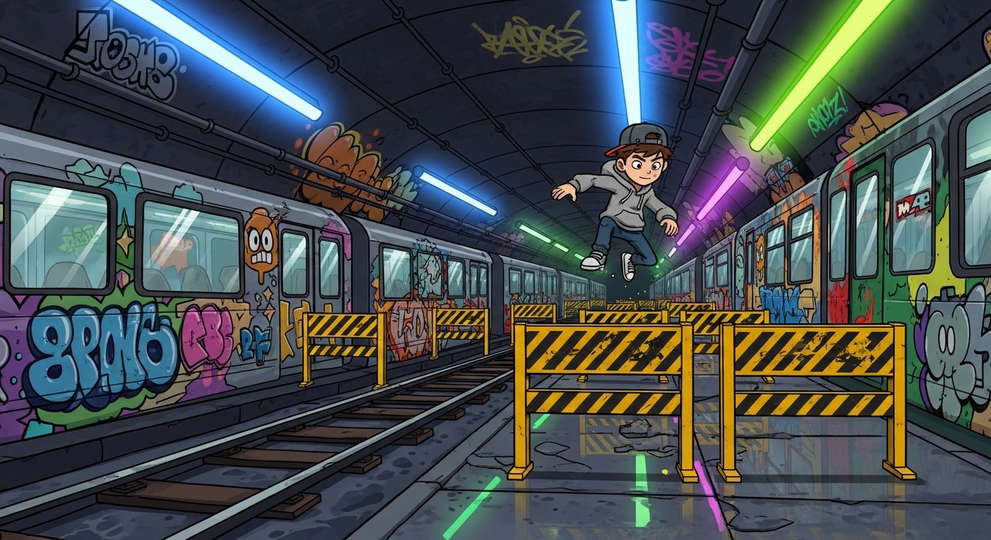 Subway Surfers unblocked gameplay showing runner dodging trains in colorful subway